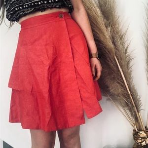 ANTHROPOLOGIE LINEN SILK PINK RED WRAP KNEE POCKET RUFFLED TIERED SKIRT 4